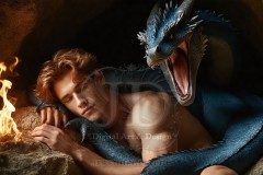 The Dragon Prince - A very attractive shirtless young male prince,standing next to him a huge dragon.