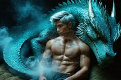 The Dragon Prince - A very attractive shirtless young male prince,standing next to him a huge dragon.