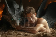 The Dragon Prince - A very attractive shirtless young male prince,standing next to him a huge dragon.