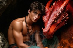 The Dragon Prince - A very attractive shirtless young male prince,standing next to him a huge dragon.