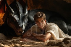 The Dragon Prince - A very attractive shirtless young male prince,standing next to him a huge dragon.