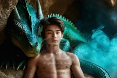 The Dragon Prince - A very attractive shirtless young male prince,standing next to him a huge dragon.