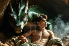 The Dragon Prince - A very attractive shirtless young male prince,standing next to him a huge dragon.