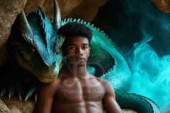 The Dragon Prince - A very attractive shirtless young male prince,standing next to him a huge dragon.
