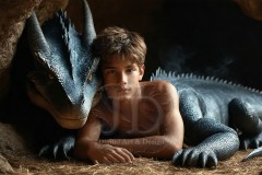 The Dragon Prince - A very attractive shirtless young male prince,standing next to him a huge dragon.