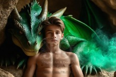 The Dragon Prince - A very attractive shirtless young male prince,standing next to him a huge dragon.