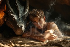 The Dragon Prince - A very attractive shirtless young male prince,standing next to him a huge dragon.