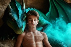 The Dragon Prince - A very attractive shirtless young male prince,standing next to him a huge dragon.