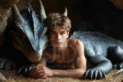 The Dragon Prince - A very attractive shirtless young male prince,standing next to him a huge dragon.