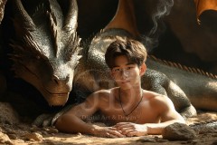 The Dragon Prince - A very attractive shirtless young male prince,standing next to him a huge dragon.