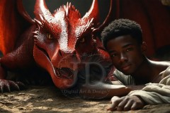 The Dragon Prince - A very attractive shirtless young male prince,standing next to him a huge dragon.
