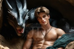 The Dragon Prince - A very attractive shirtless young male prince,standing next to him a huge dragon.