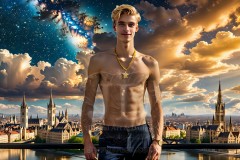 The Men of the Golden City is a collection of AI generated images of beautiful,glamorous,handsome guys in the heavens.