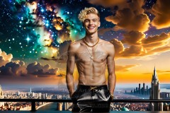 The Men of the Golden City is a collection of AI generated images of beautiful,glamorous,handsome guys in the heavens.