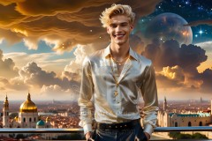 The Men of the Golden City is a collection of AI generated images of beautiful,glamorous,handsome guys in the heavens.