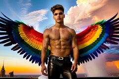 Gay Men Wearing Feathered wings of Pride,embellished with the vibrant rainbow palette inspired by the gay pride flag.