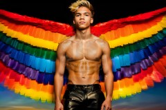 Gay Men Wearing Feathered wings of Pride,embellished with the vibrant rainbow palette inspired by the gay pride flag.