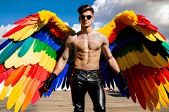 Gay Men Wearing Feathered wings of Pride,embellished with the vibrant rainbow palette inspired by the gay pride flag.