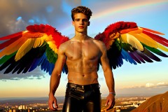 Gay Men Wearing Feathered wings of Pride,embellished with the vibrant rainbow palette inspired by the gay pride flag.