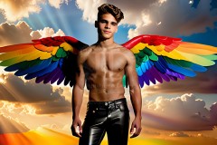 Gay Men Wearing Feathered wings of Pride,embellished with the vibrant rainbow palette inspired by the gay pride flag.