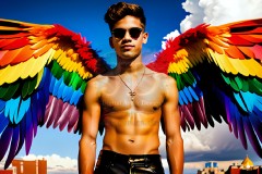 Gay Men Wearing Feathered wings of Pride,embellished with the vibrant rainbow palette inspired by the gay pride flag.
