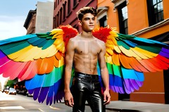 Gay Men Wearing Feathered wings of Pride,embellished with the vibrant rainbow palette inspired by the gay pride flag.