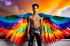 Gay Men Wearing Feathered wings of Pride,embellished with the vibrant rainbow palette inspired by the gay pride flag.