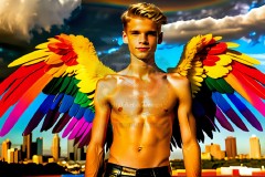 Gay Men Wearing Feathered wings of Pride,embellished with the vibrant rainbow palette inspired by the gay pride flag.