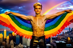 Gay Men Wearing Feathered wings of Pride,embellished with the vibrant rainbow palette inspired by the gay pride flag.
