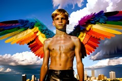Gay Men Wearing Feathered wings of Pride,embellished with the vibrant rainbow palette inspired by the gay pride flag.