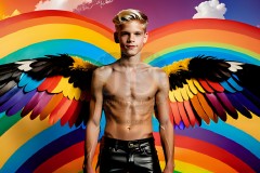 Gay Men Wearing Feathered wings of Pride,embellished with the vibrant rainbow palette inspired by the gay pride flag.
