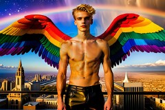 Gay Men Wearing Feathered wings of Pride,embellished with the vibrant rainbow palette inspired by the gay pride flag.