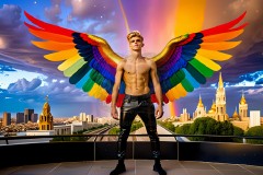 Gay Men Wearing Feathered wings of Pride,embellished with the vibrant rainbow palette inspired by the gay pride flag.