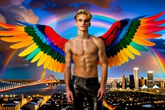 Gay Men Wearing Feathered wings of Pride,embellished with the vibrant rainbow palette inspired by the gay pride flag.