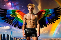 Gay Men Wearing Feathered wings of Pride,embellished with the vibrant rainbow palette inspired by the gay pride flag.