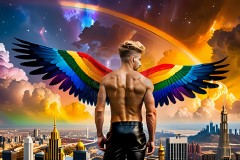 Gay Men Wearing Feathered wings of Pride,embellished with the vibrant rainbow palette inspired by the gay pride flag.