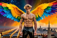 Gay Men Wearing Feathered wings of Pride,embellished with the vibrant rainbow palette inspired by the gay pride flag.