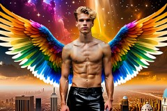 Gay Men Wearing Feathered wings of Pride,embellished with the vibrant rainbow palette inspired by the gay pride flag.