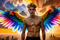 Gay Men Wearing Feathered wings of Pride,embellished with the vibrant rainbow palette inspired by the gay pride flag.