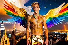 Gay Men Wearing Feathered wings of Pride,embellished with the vibrant rainbow palette inspired by the gay pride flag.