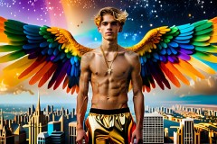 Gay Men Wearing Feathered wings of Pride,embellished with the vibrant rainbow palette inspired by the gay pride flag.