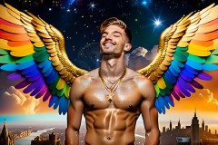 Gay Men Wearing Feathered wings of Pride,embellished with the vibrant rainbow palette inspired by the gay pride flag.
