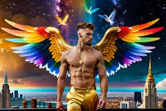 Gay Men Wearing Feathered wings of Pride,embellished with the vibrant rainbow palette inspired by the gay pride flag.