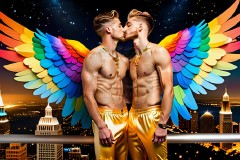 Gay Men Wearing Feathered wings of Pride,embellished with the vibrant rainbow palette inspired by the gay pride flag.