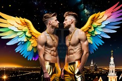 Gay Men Wearing Feathered wings of Pride,embellished with the vibrant rainbow palette inspired by the gay pride flag.