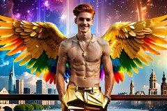 Gay Men Wearing Feathered wings of Pride,embellished with the vibrant rainbow palette inspired by the gay pride flag.