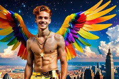Gay Men Wearing Feathered wings of Pride,embellished with the vibrant rainbow palette inspired by the gay pride flag.