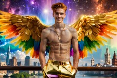 Gay Men Wearing Feathered wings of Pride,embellished with the vibrant rainbow palette inspired by the gay pride flag.
