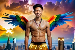 Gay Men Wearing Feathered wings of Pride,embellished with the vibrant rainbow palette inspired by the gay pride flag.