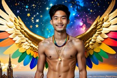 Gay Men Wearing Feathered wings of Pride,embellished with the vibrant rainbow palette inspired by the gay pride flag.